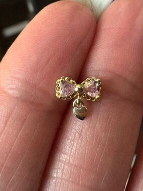 Nose Ring- Stud 20G Copper pink stones on Bow Gold Tone Zirconia   L-Shaped Nos
